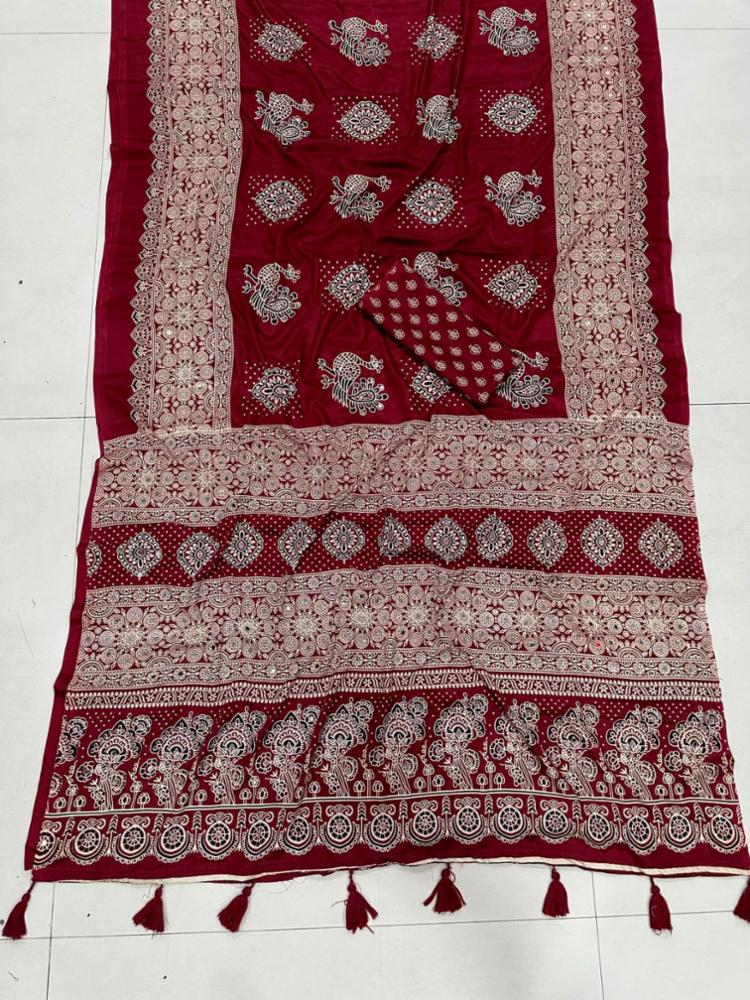 Mirror Work Satin Silk Saree with Designer Print and Lace Border