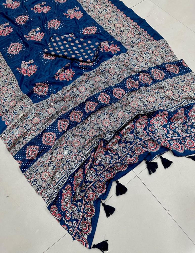 Pure Arjakh Satin Viscose Silk Ajrakh Print Saree