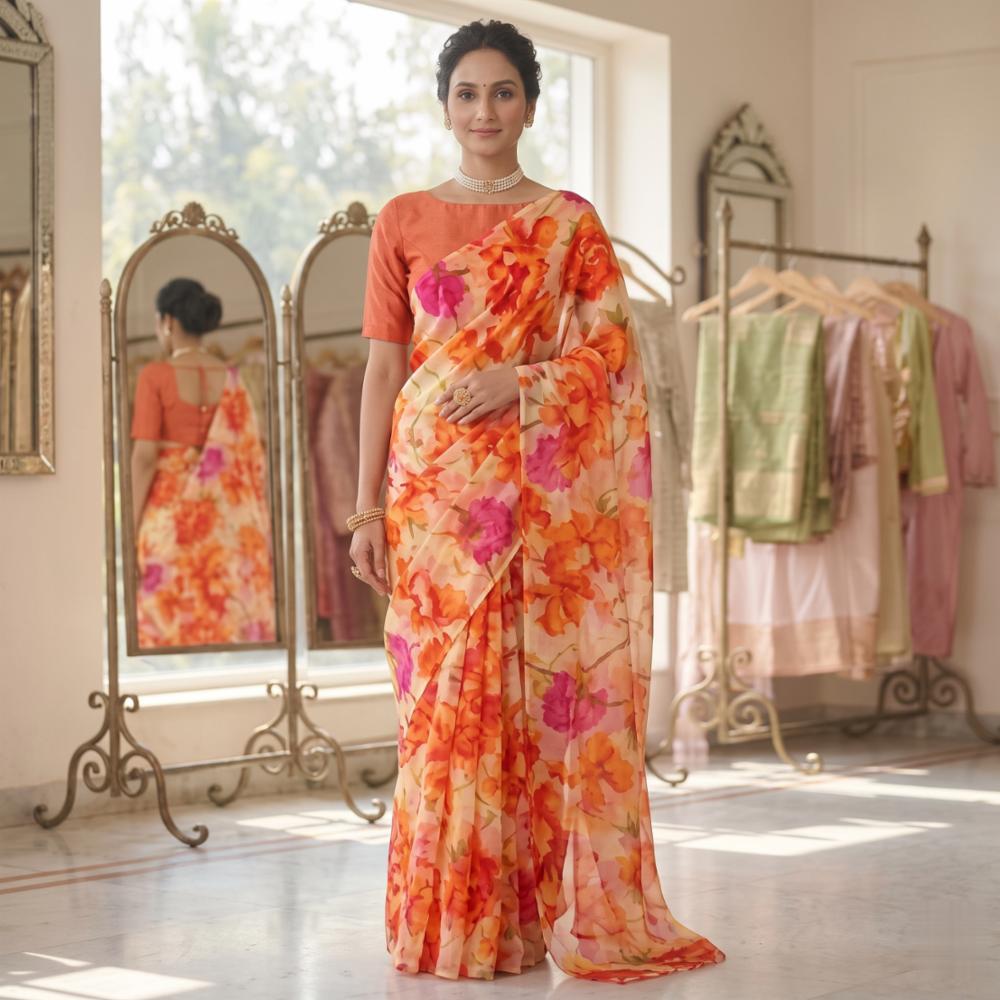 Printed Georgette Saree with Watercolor Floral Design