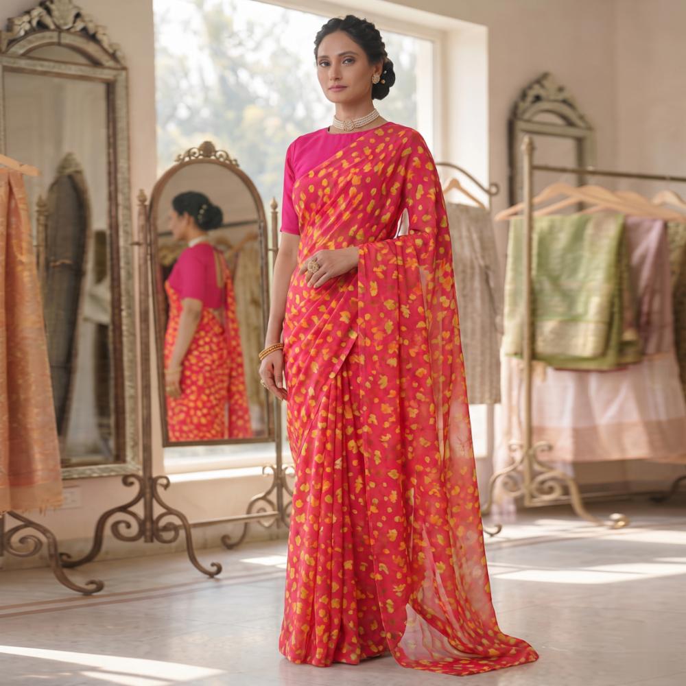 Fuchsia Pink Georgette Fabric Saree with Yellow Floral Print