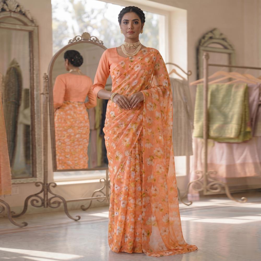 New Designer Casual Georgette Printed Saree - Soft Peach Floral Botanical Print