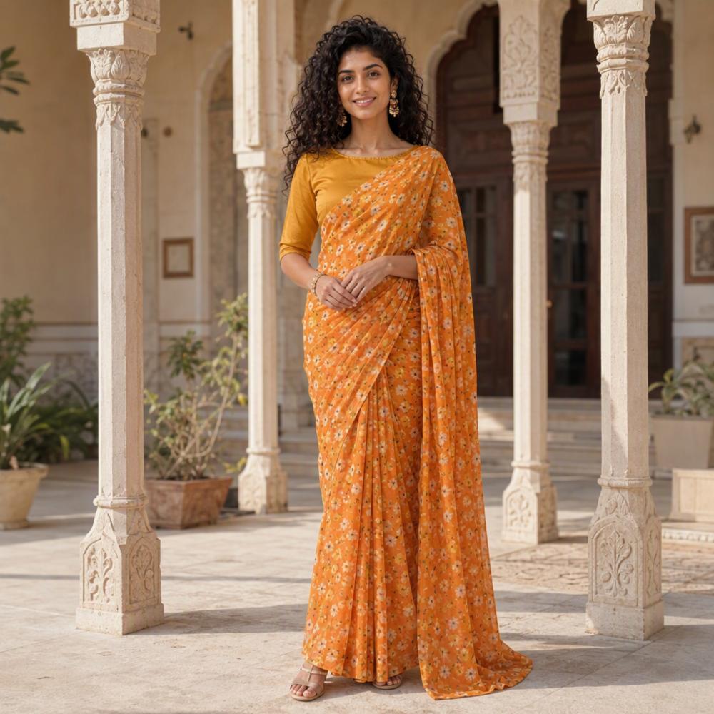 Yellow Floral Printed Georgette Saree for Women