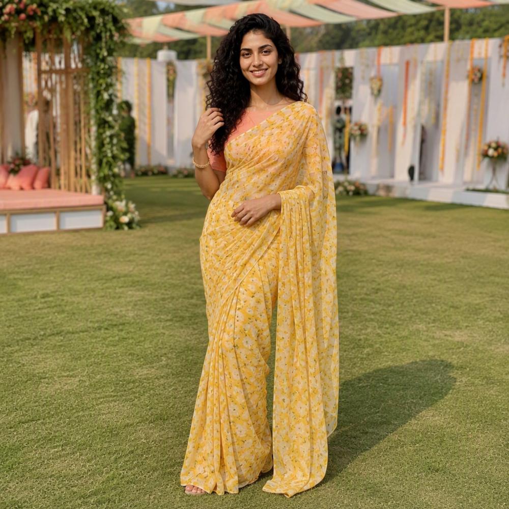 New Designer Casual Georgette Printed Saree - Sunshine Yellow Floral Design