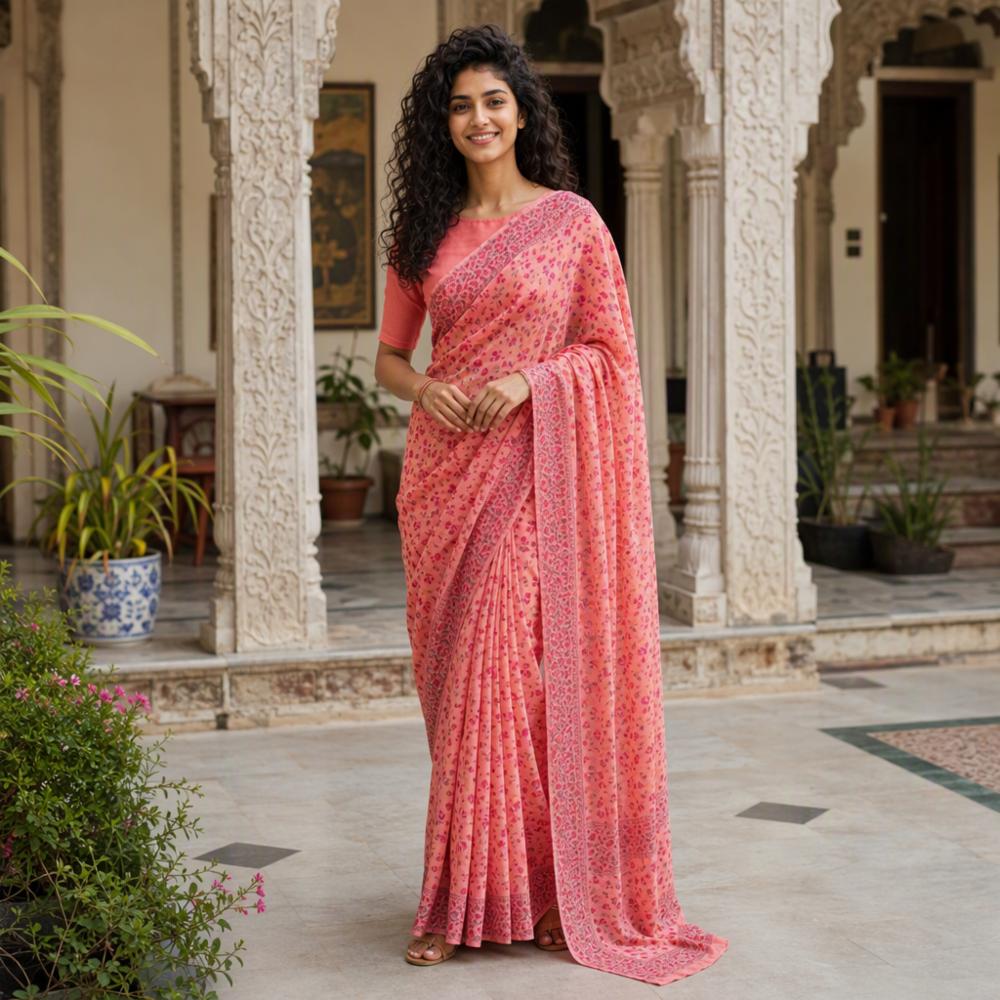 Blushing Coral Pink Georgette Saree with All-Over Floral Print and Designer Border
