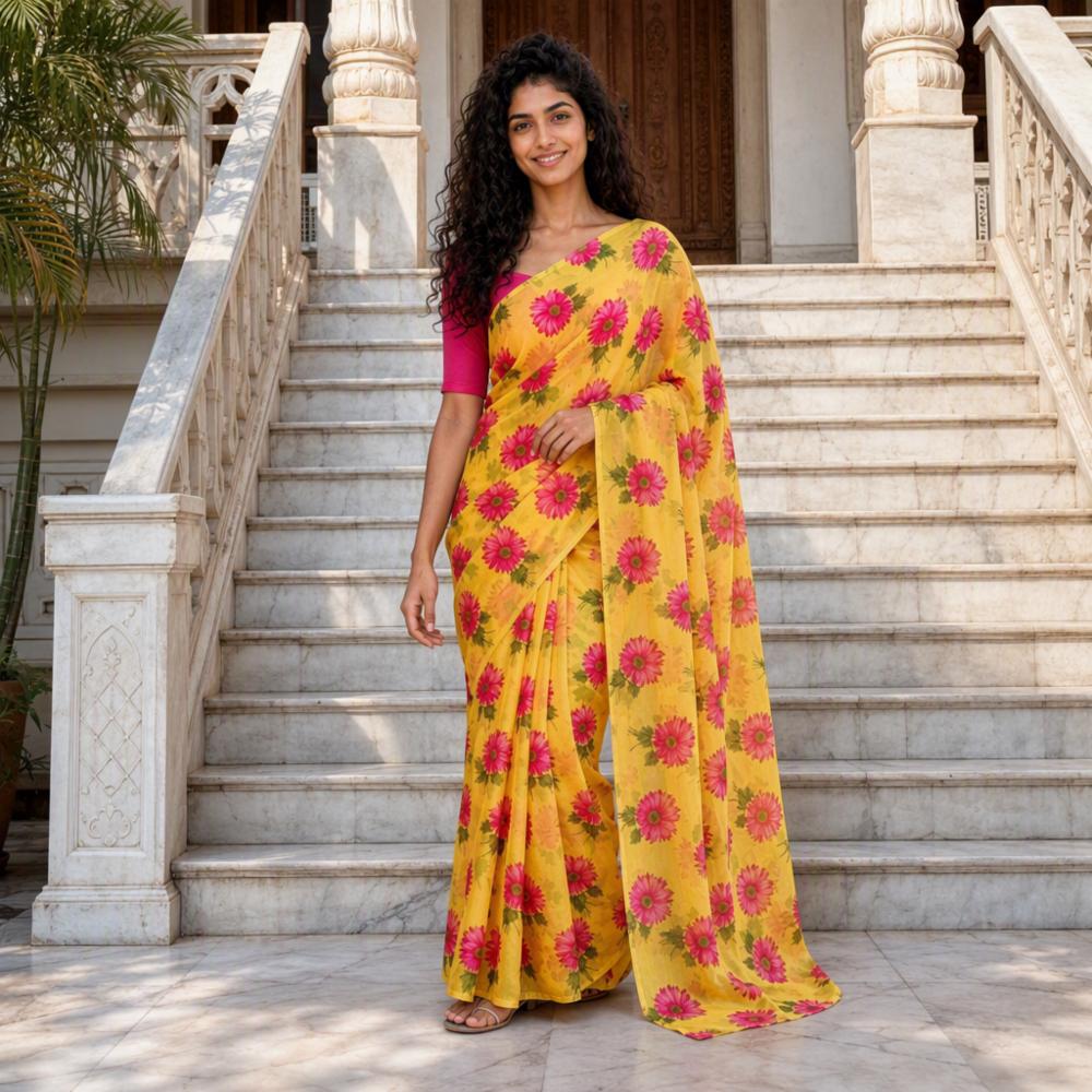 Yellow chiffon Saree with Pink Floral Print and Matching Blouse Piece