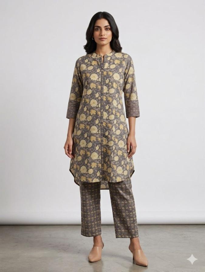 Green Floral Printed Pure Cotton 2-Piece Co-Ord Set