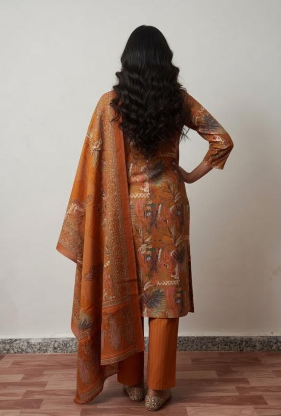 Rust Orange(Musturd) Floral Printed 3-Piece Muslin Silk Kurta Set with Dupatta