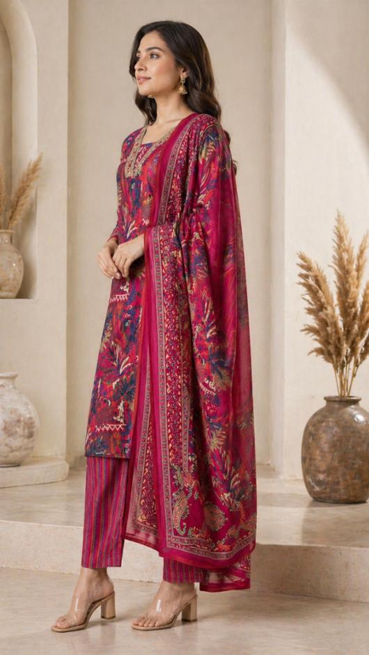 Deep Magenta Printed 3-Piece Muslin Silk Kurta Set with Dupatta