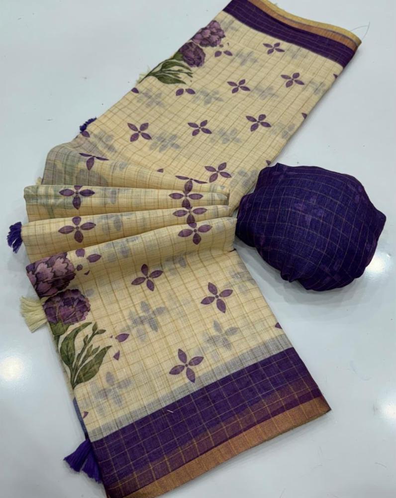 Soft Linen Checkered Saree with Digital Floral Print, Zari Border & Matching Blouse