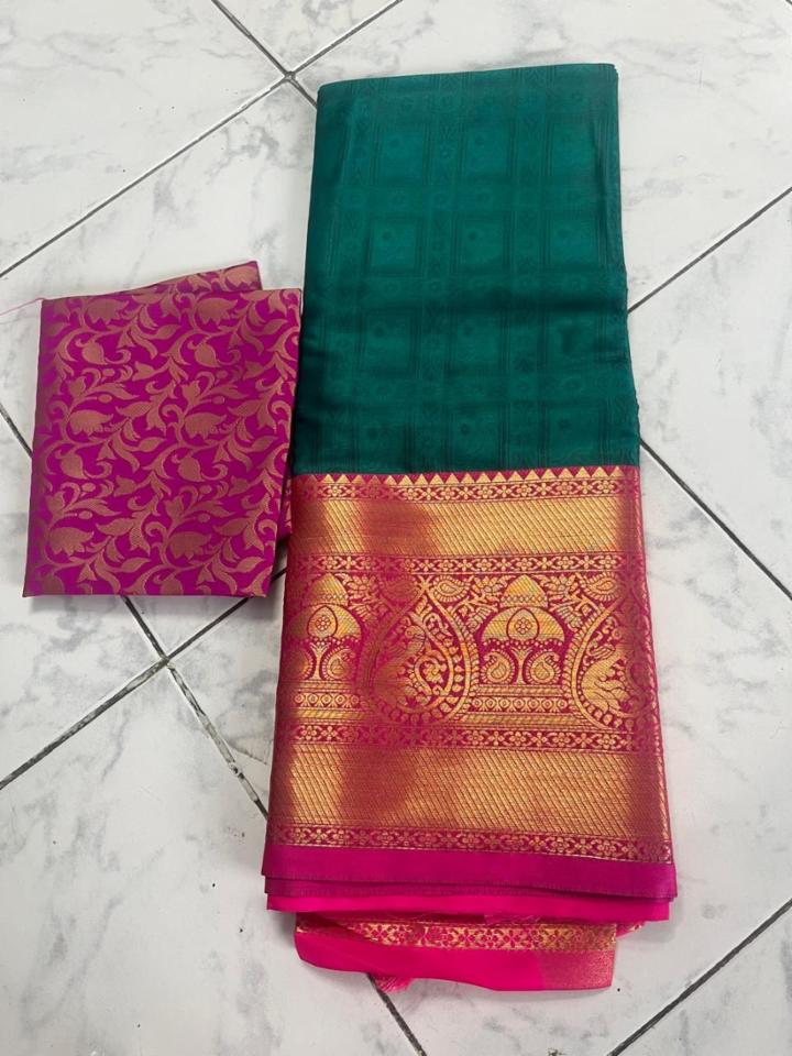 Banarasi Silk Blend Saree with Rich Golden Zari Border and Matching Blouse Piece