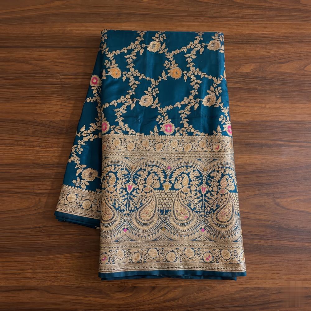 Royal Teal Blue Banarasi Silk Saree with Rich Zari Work & Blouse Piece