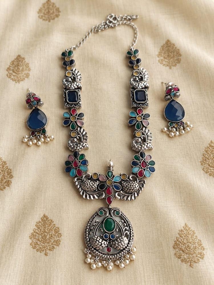 Antique Oxidised Silver Peacock Pendant Necklace Set with Multicolour Stones & Pearl Drops