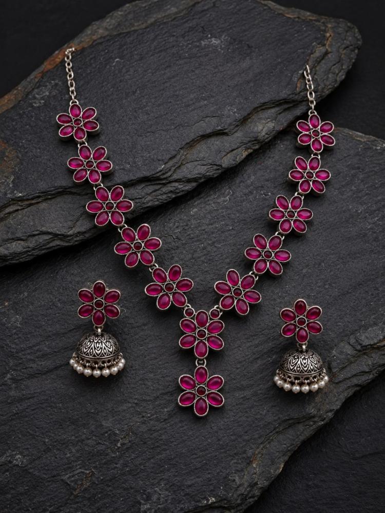 Royal Ruby Red Floral Oxidised Necklace Set with Pearl Jhumkas
