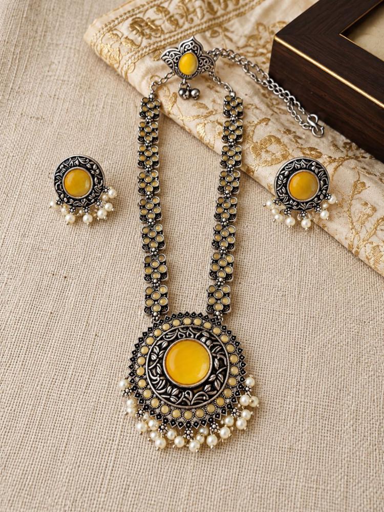 Antique Oxidised Silver Necklace Set with Mustard Yellow Stones & Pearl Drop Pendant