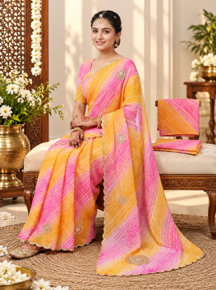 Multicolor Georgette Leheriya Saree with Handcrafted Cut Dana