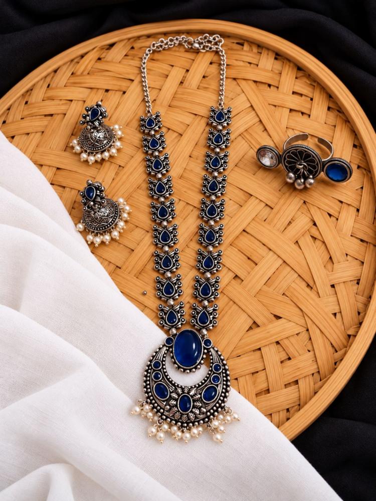 Royal Blue Stone Oxidised Silver Necklace Set with Pearl Drops