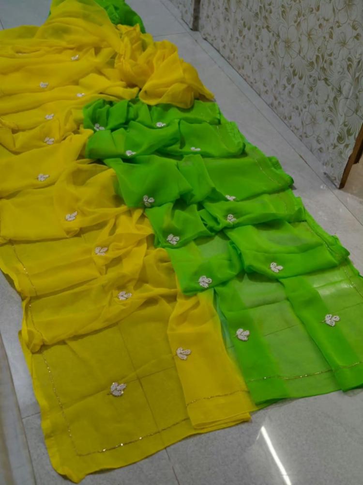 Half Pure Chiffon Two Shaded Handwork Saree with Blouse