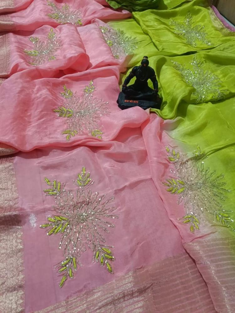 Shaded HO Silk Saree with Handwork Motifs and Upada Blouse