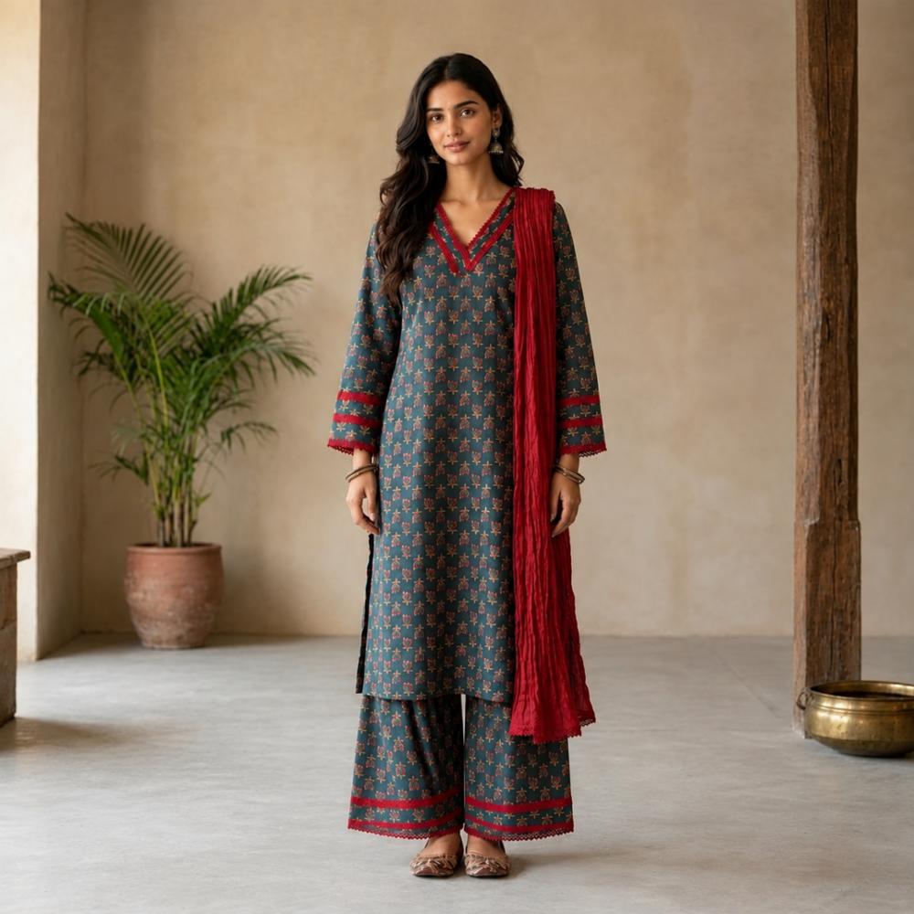 Cotton Block Print Farsi Salwar Set for Festive Wear