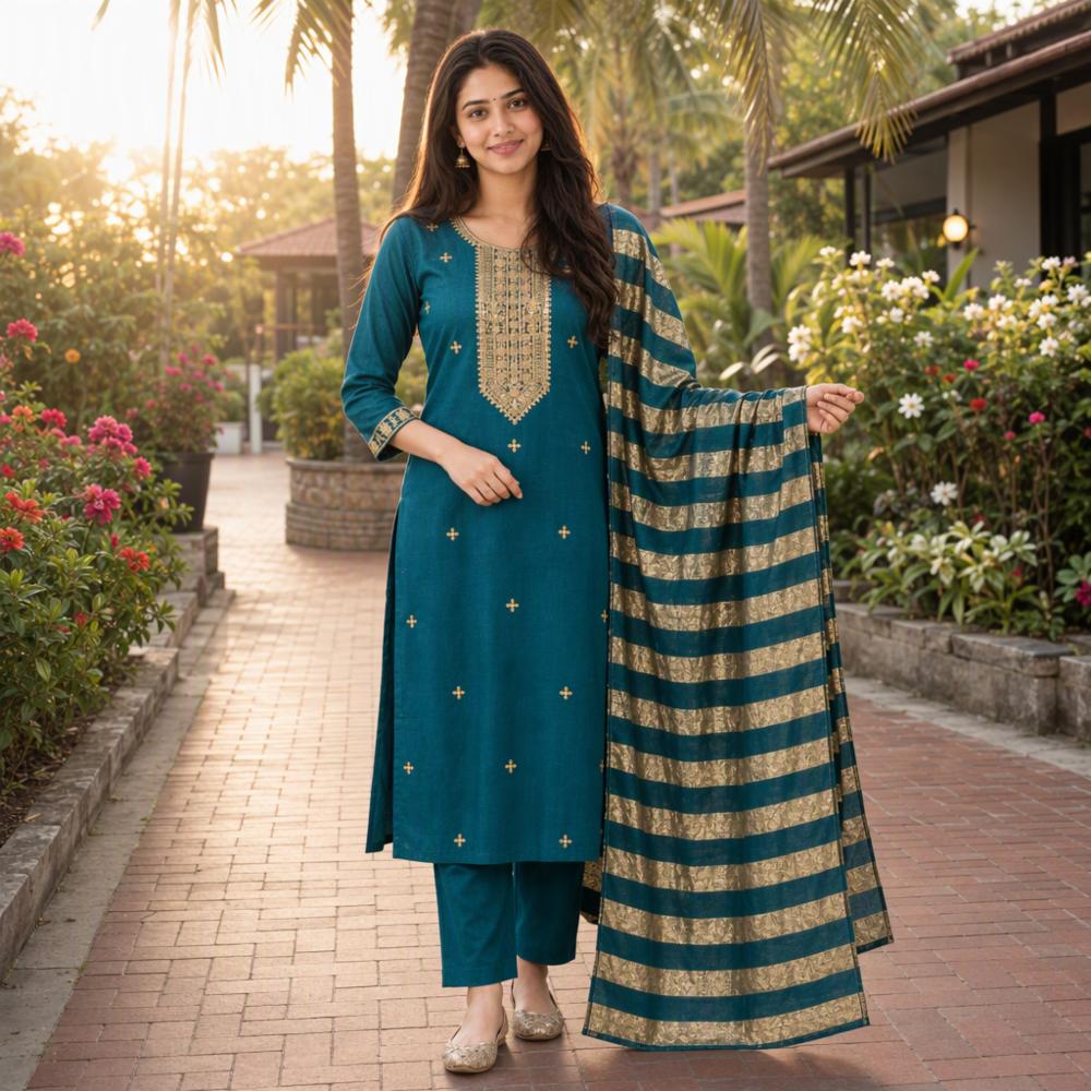 DATeal Shimmer Chanderi Kurta Palazzo Set with Dupatta