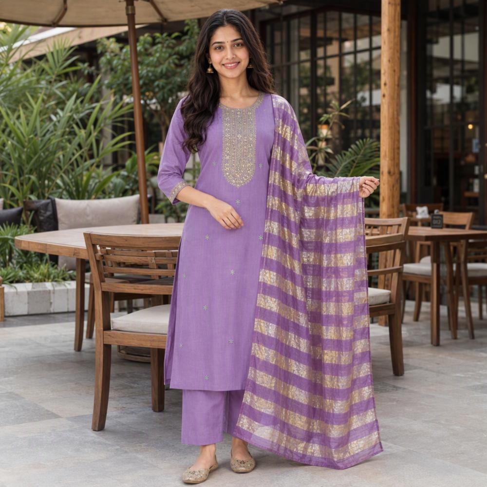 Womenâs Lavender Shimmer Chanderi Embroidered Kurta Palazzo Set with Golden Striped Dupatta