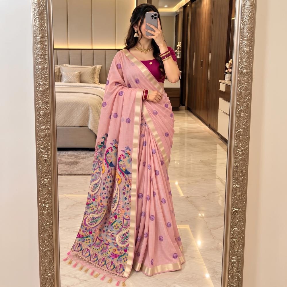 Premium Muga Cotton Saree with Meenakari Weaving, Floral Pallu & Tassels