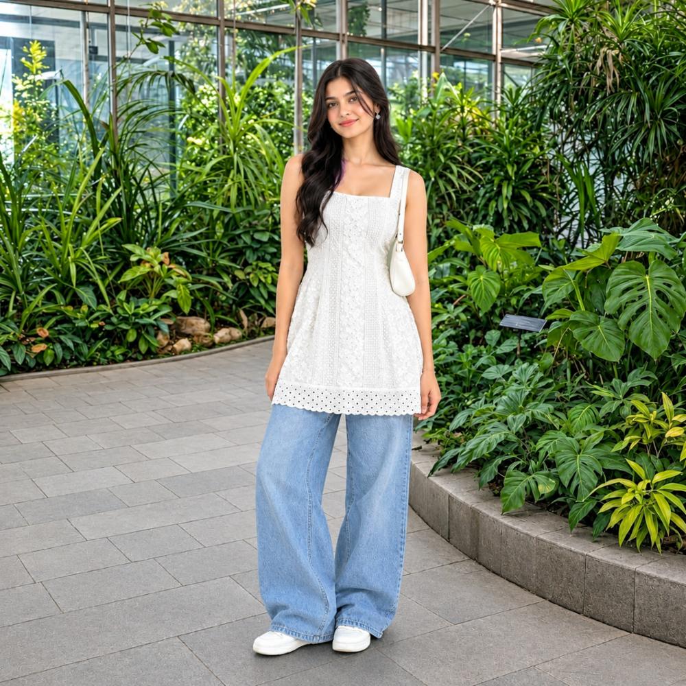 White Self-Design Sleeveless Short Kurti