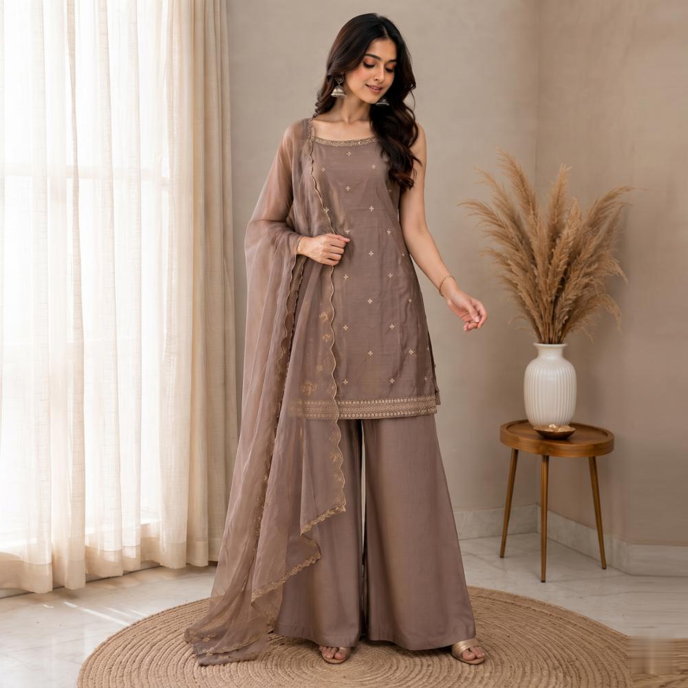 Elegant Taupe Brown Embroidered Sharara Set with Organza Dupatta - 3-Piece Ethnic Wear