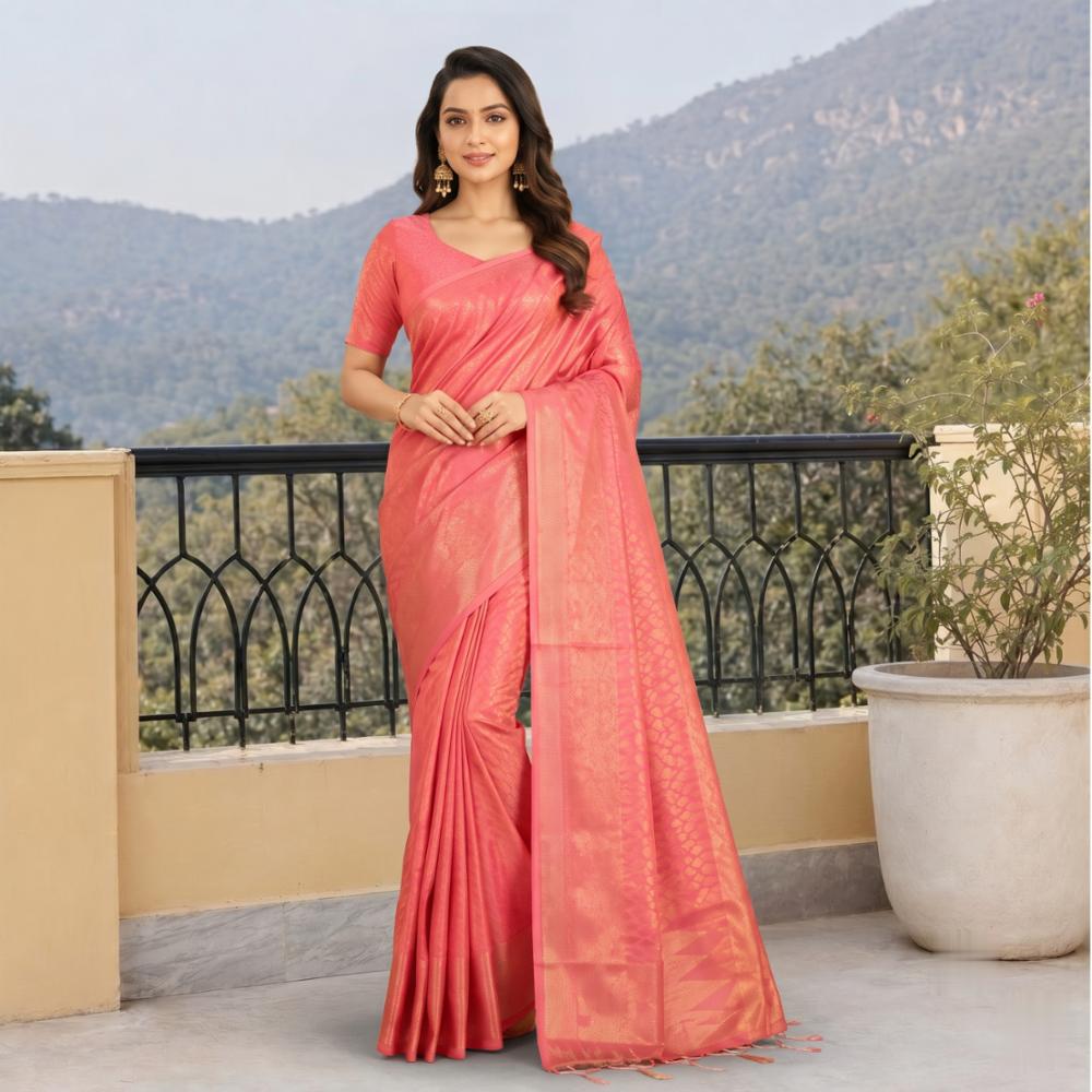 Pink Zari Woven Banarasi Silk Saree without Blouse
