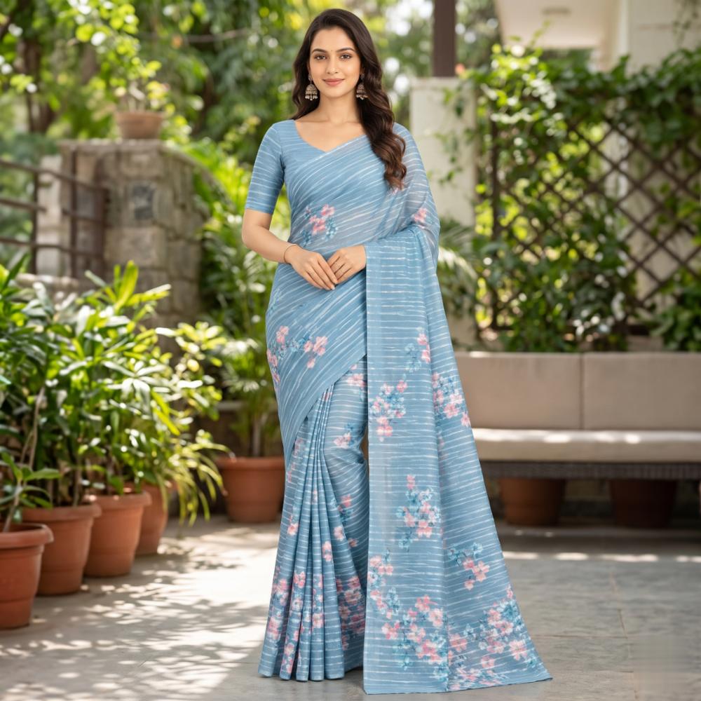 Sky Blue Georgette Saree with Striped & Floral Print - Without Blouse