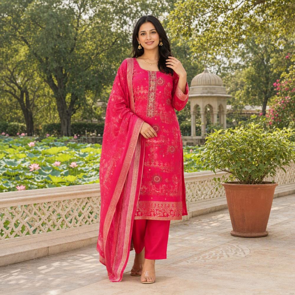 Red Silk Suit Set with Zari Weaving and Mirror Work