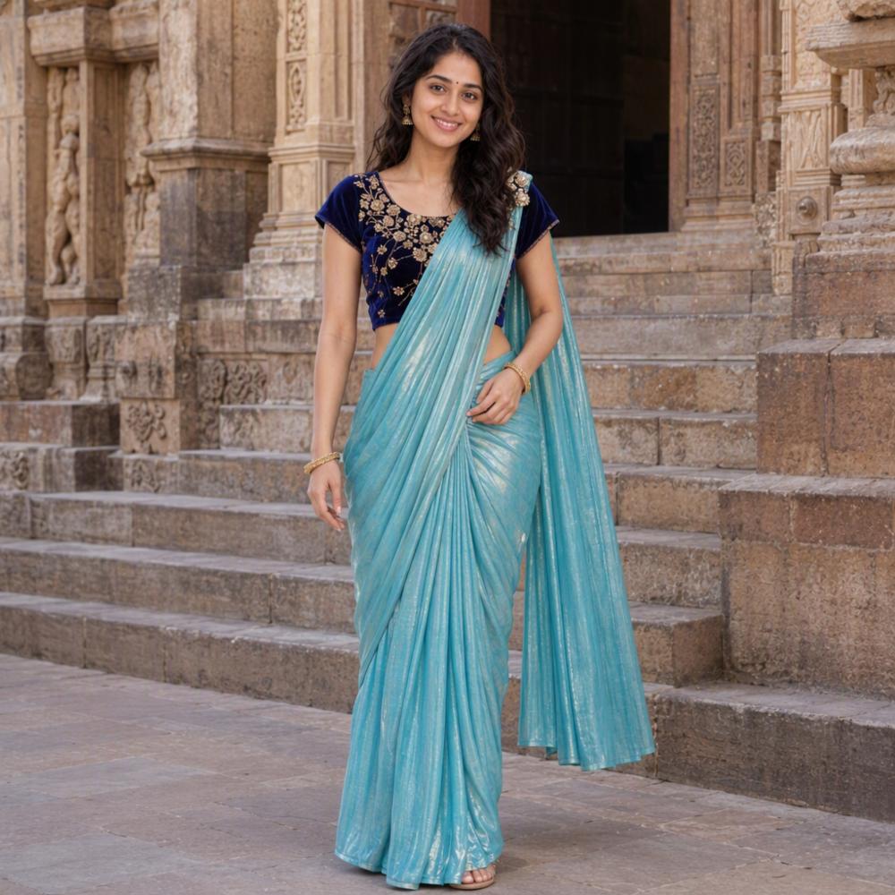 Glamorous Turquoise Ready-to-Wear Pre-Draped Saree with Embroidered Velvet Blouse