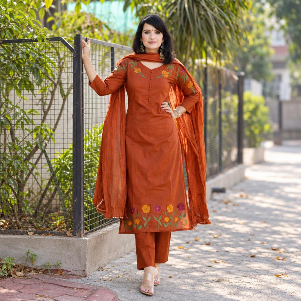 Three Piece Cotton Suit Set with Pure Mul Cotton Dupatta