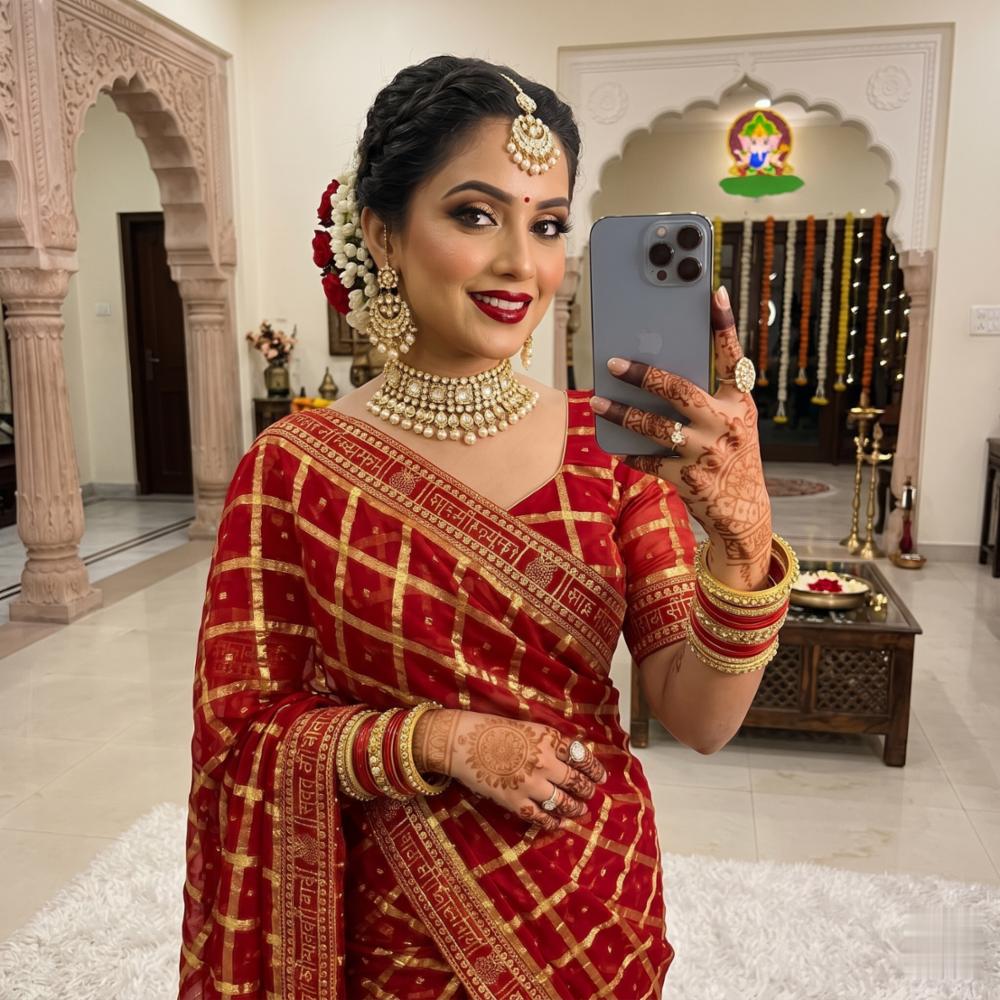 Women's Red Viscose Georgette Saree with Golden Checks Zari Weaving, Foil Work and Decorative Border