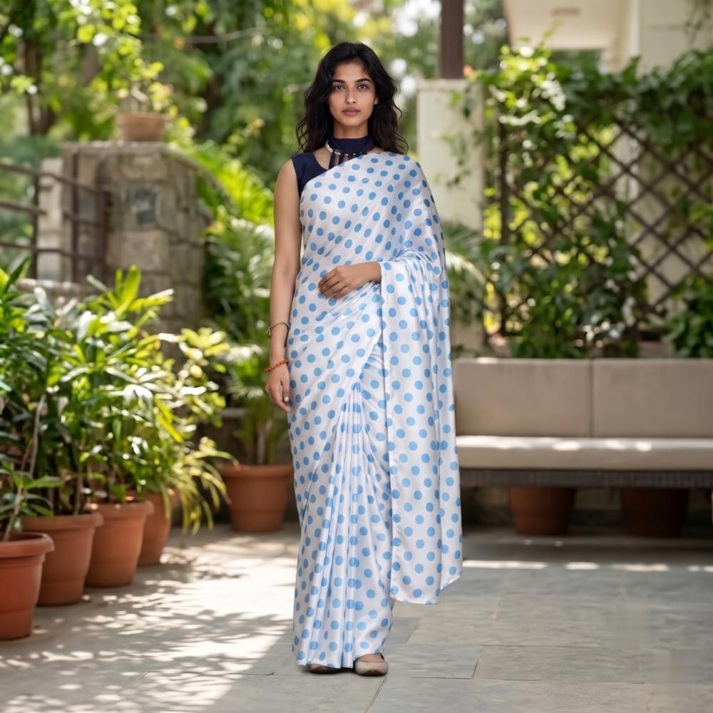 Premium Japan Satin Polka Dot Printed Saree with Plain Blouse Piece