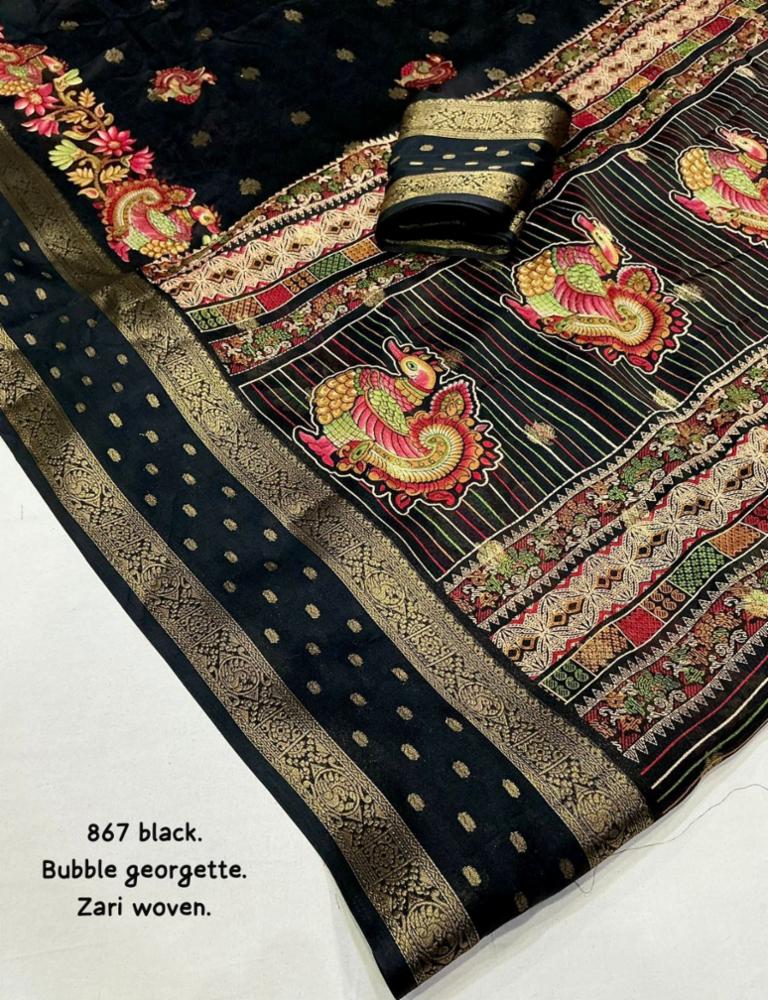 Bubble Georgette Bentex Printed Saree with Zari Woven Pattu Border & Running Blouse Piece