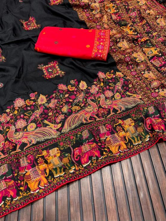 Yellow Rajwadi Pashmina Silk Saree with Kashmiri Thread-Woven Pallu, Elephant Motifs and Heavy Zari Border