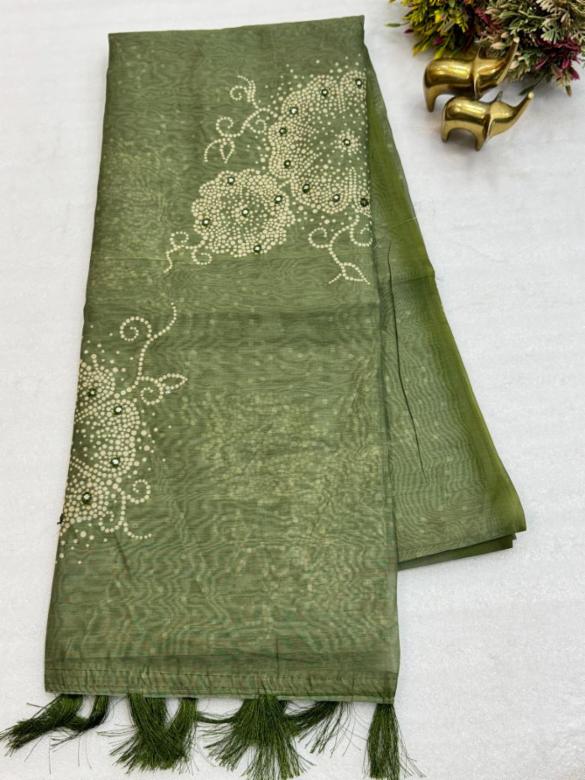 Pure Malai Cotton Saree with Floral Prints and Aari Mirror Work