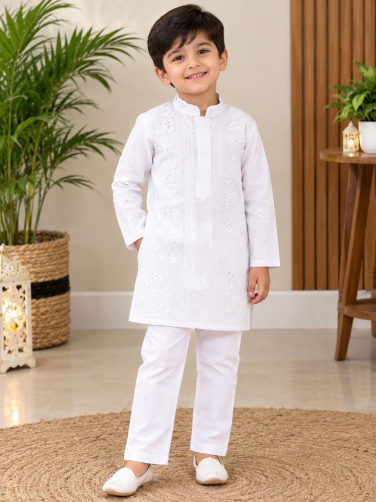Boys White Embroidered Kurta Pyjama Set