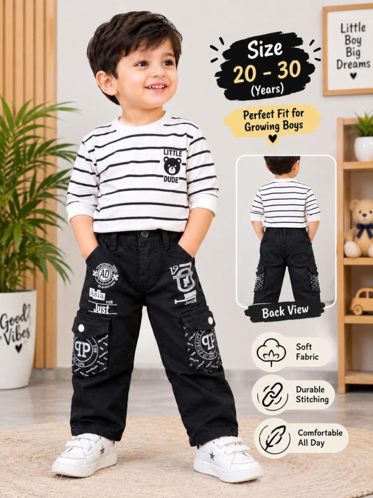 Boys Black Printed Cargo Jeans with White Belt