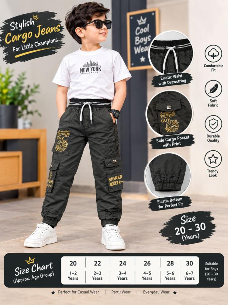 Boys Charcoal Black Printed Cotton Blend Cargo Jogger Pant