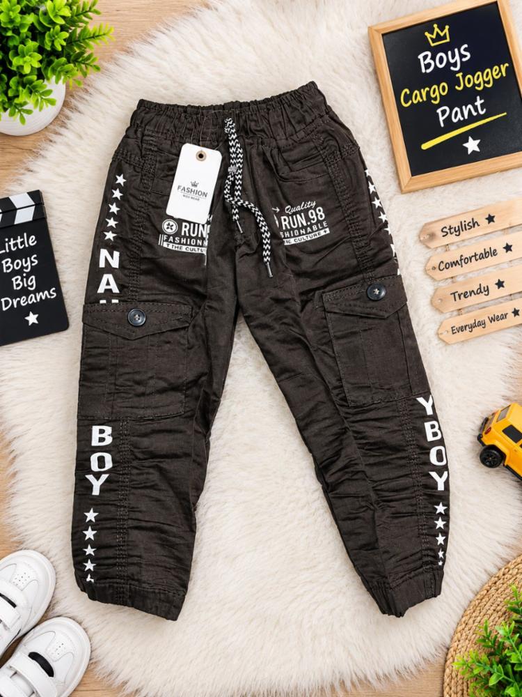 Boys Black Printed Woven Cargo Joggers with Multiple Pockets