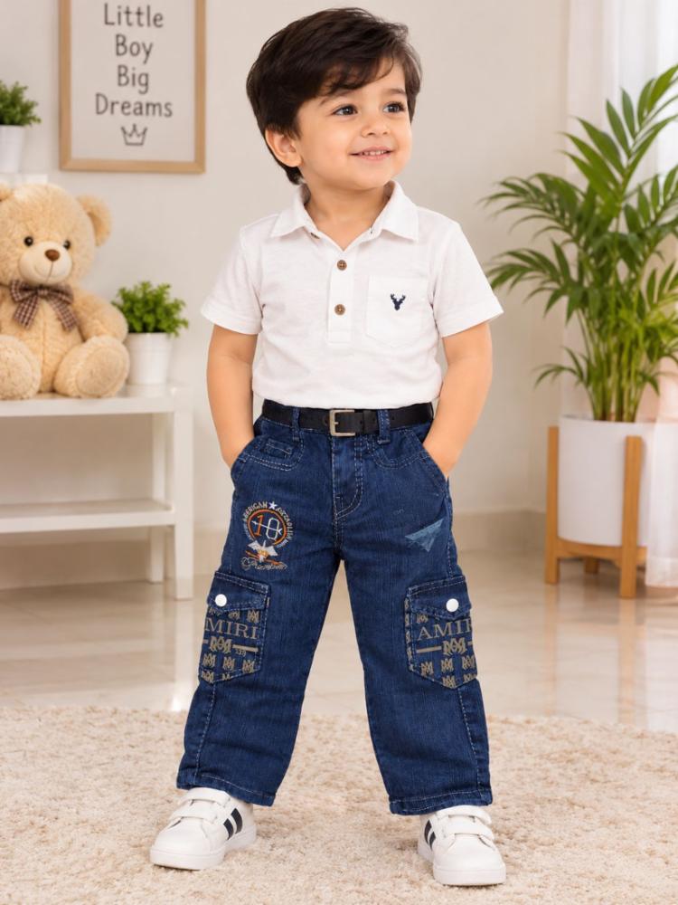 Boys Blue Denim Jeans with Solid Pattern and Patches