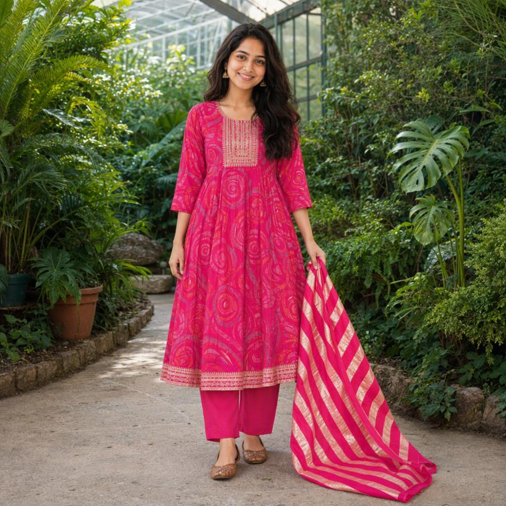 Womenâs Rayon Ghera Kurta Bottom Set with Dupatta