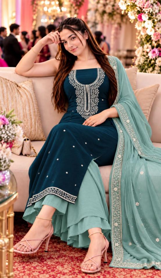 Unstitched Satin Silky Georgette Dress Material with Embroidery & Sequin Work