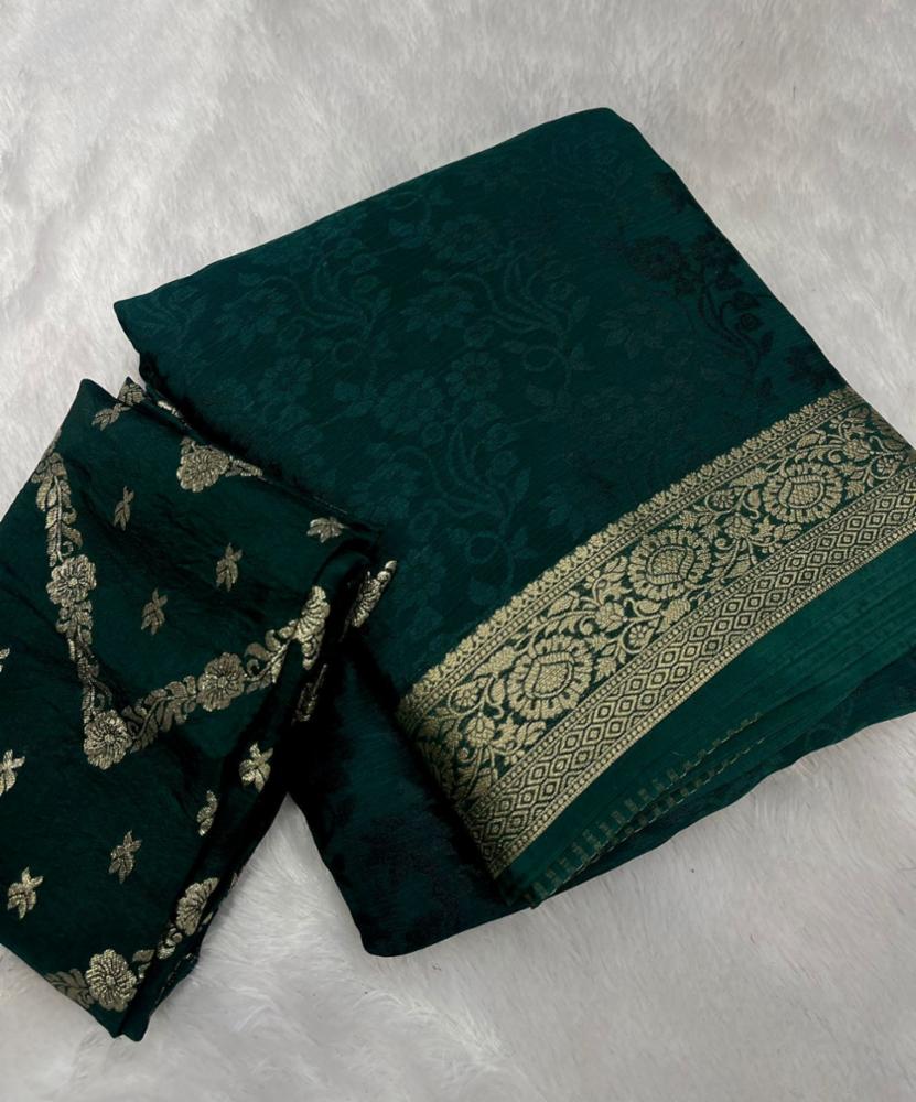 Premium Viscose Chinon Saree with Weaving Pattern & Dola Banarasi Silk Blouse