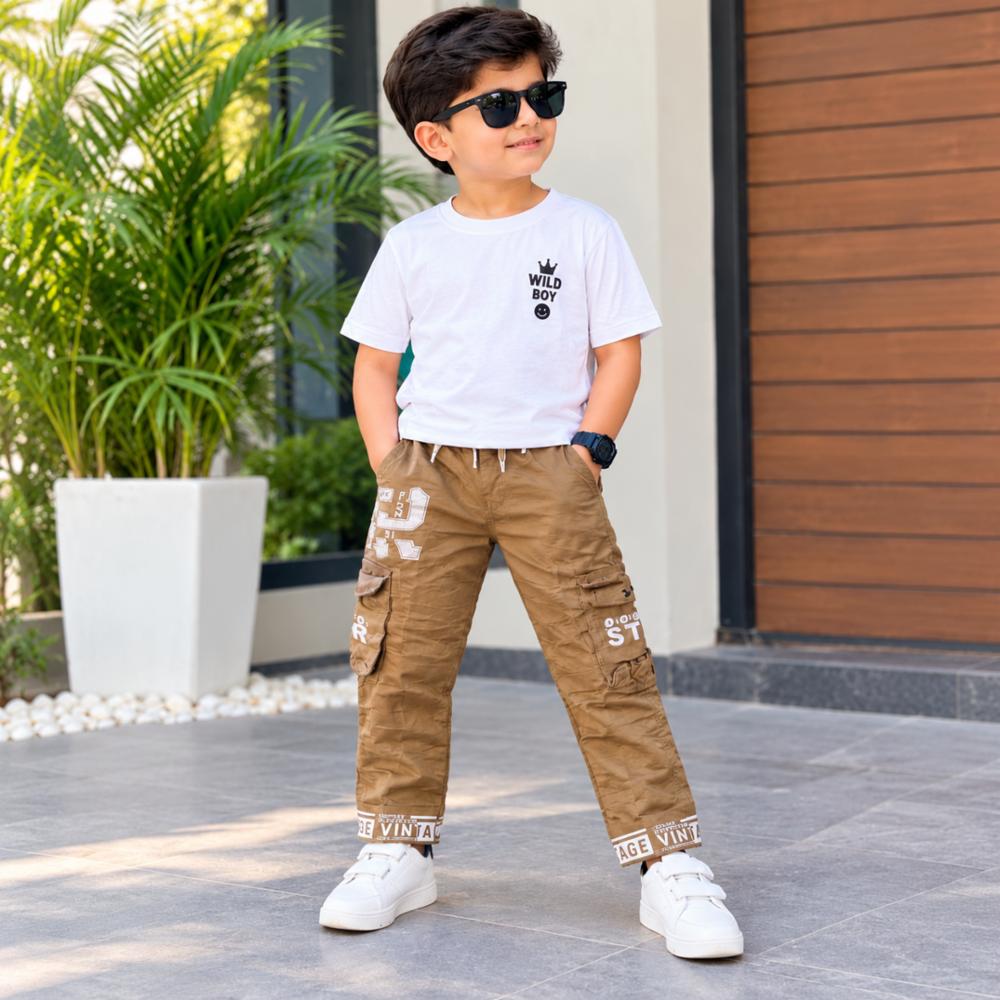 Boys Brown Printed Cargo Pant with Elastic Waistband