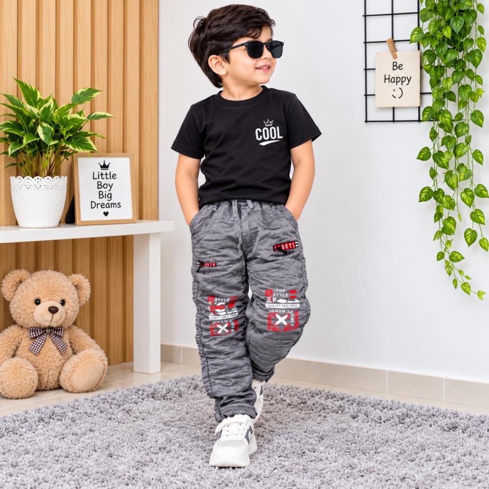Boys Black & Orange Printed Cotton Blend Pant