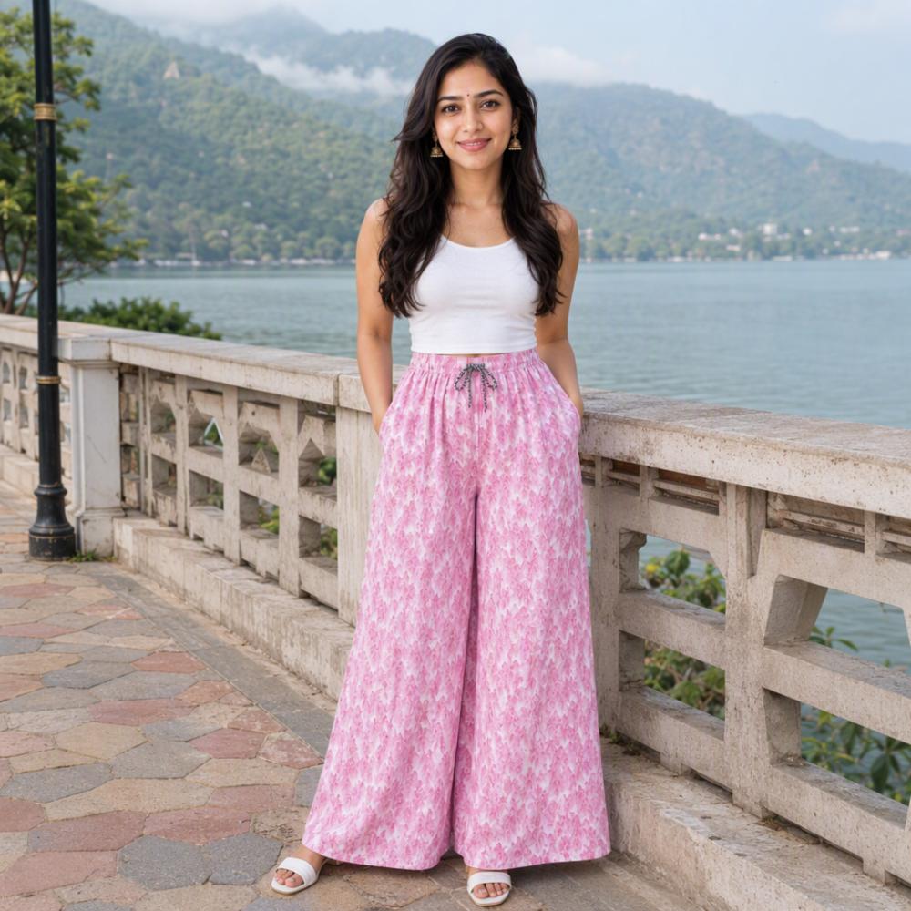 Womenâs Pink Printed Cotton Palazzo Pants with Wide-Leg Fit