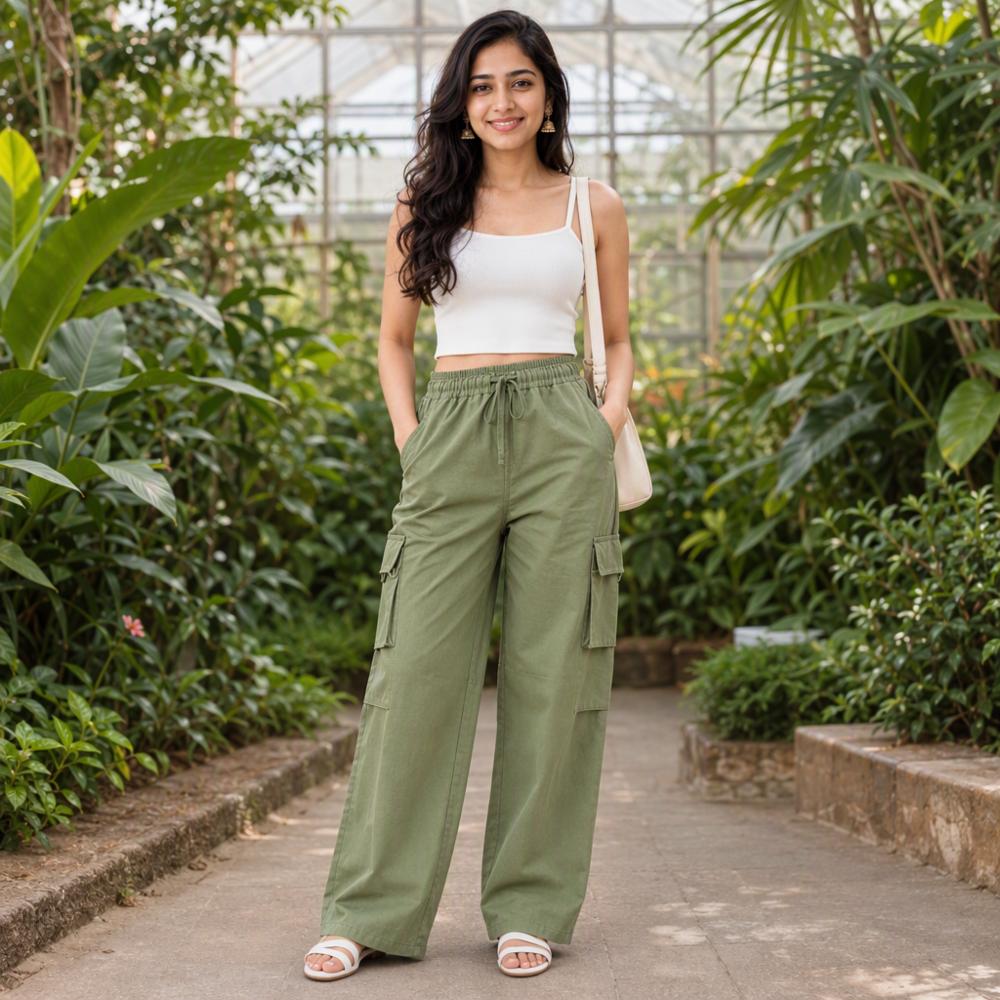 Women's Beige Cotton Cargo Pants with Elastic Waistband